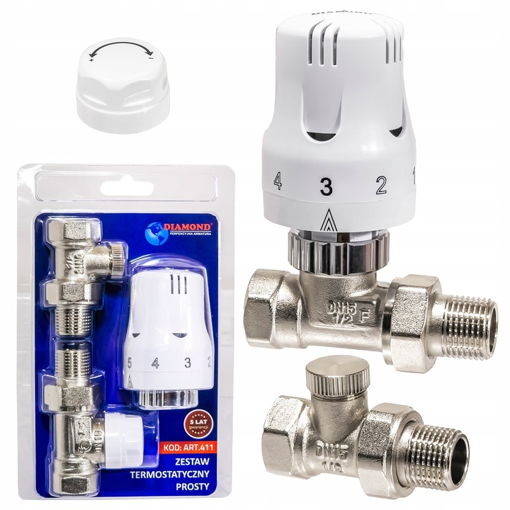 ZESTAW TERMOSTATYCZNY PROSTY ZAWÓR ZASILAJĄCY POWROTNY GŁOWICA DO GRZEJNIKA