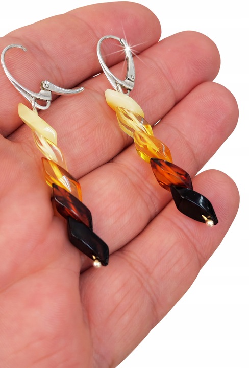 KOLCZYKI SREBRNE Z BURSZTYNEM CIENIOWANE DŁUGIE WISZĄCE NA PREZENT + GRATIS