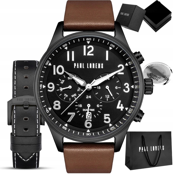 Skórzany zegarek męski Paul Lorens BAYAS z datownikiem -czas dobowy +GRAWER