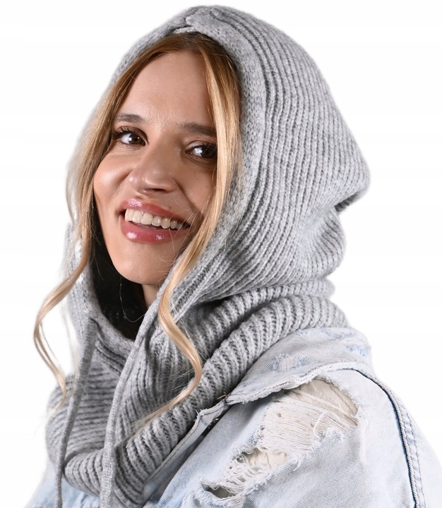 Czapka damska szara KAPTUR modny balaclava Kominiarka komin miekka zimowa