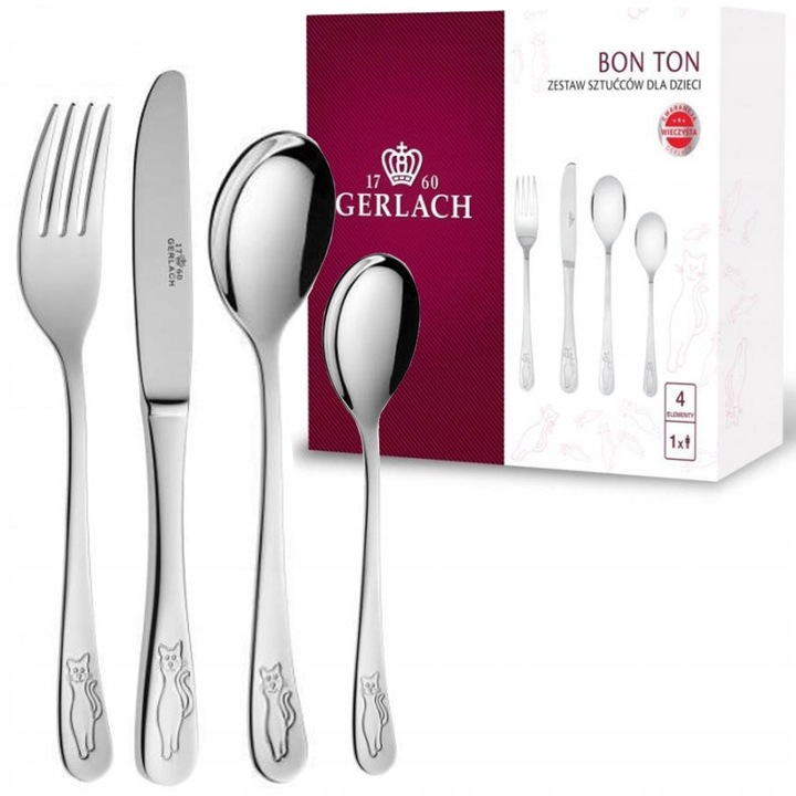 GERLACH SZTUĆCE DZIECI DZIECIĘCE KOMPLET 4EL KOTKI STAL NIERDZEWNA BON TON