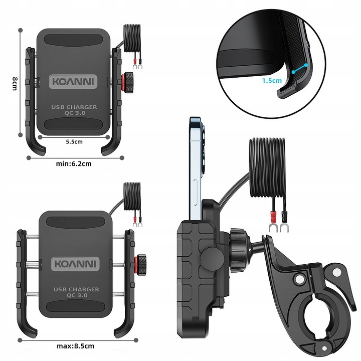UCHWYT MOTOCYKLOWY NA TELEFON ŁADOWARKA USB 12/24v + KABEL USB 20cm