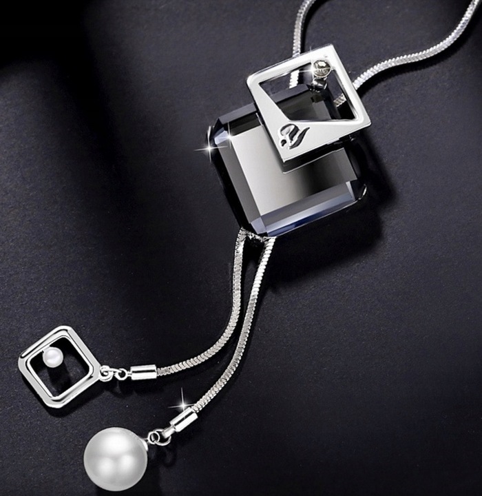 Naszyjnik DŁUGI srebrny łańcuszek kryształ GRAFIT