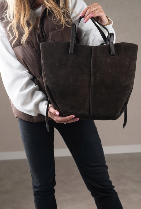 Czekoladowa zamszowa torebka brązowa shopper XL ZAMSZ NATURALNY łódka