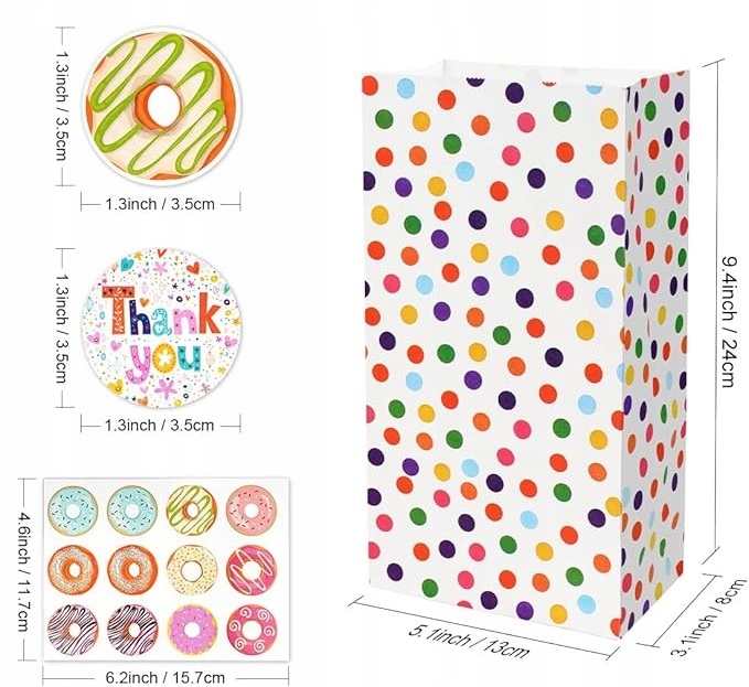 18X PAPIEROWE TOREBKI W KROPKI NA PREZENTY Z NAKLEJKAMI UPOMINKI DLA DZIECI