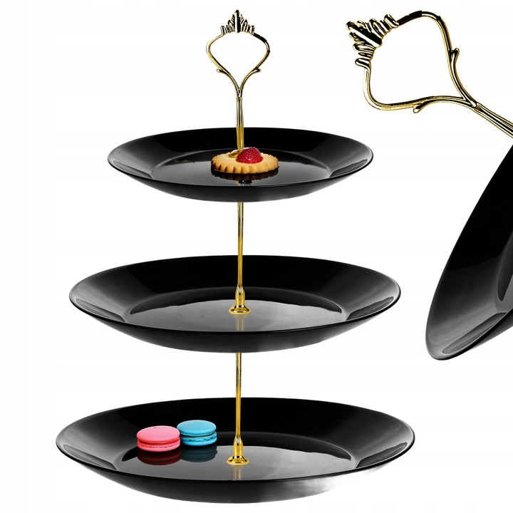 PATERA TRZYPOZIOMOWA PIĘTROWA STOJAK ciasto owoce CZARNE SZKŁO ZŁOTY UCHWYT