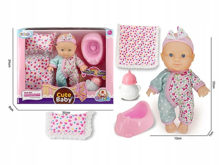 LALKA BOBAS W UBRANKU 20CM Z AKCESORIAMI KOŁDERKA NOCNIK BUTELKA