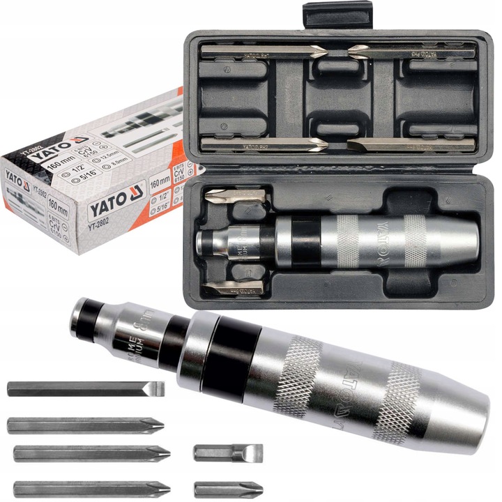 YATO METALOWY WKRĘTAK UDAROWY WYMIENNE KOŃCÓWKI + 6 BITÓW YT-2802 ETUI
