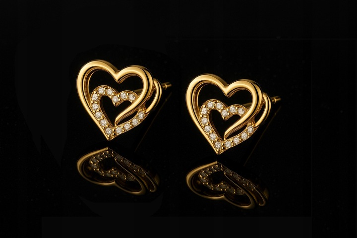 ZŁOTE KOLCZYKI DAMSKIE 585 Z CYRKONIAMI SERCA WKRĘTKI PREZENT DLA ŻONY MAMY
