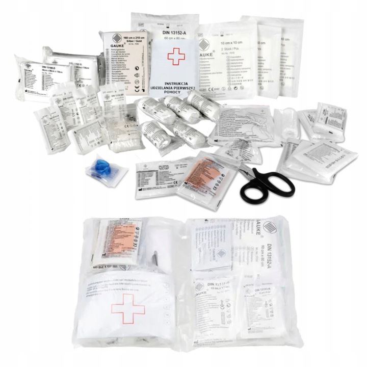 Wyposażenie do apteczki norma DIN 13157 PLUS materiały opatrunkowe STERYLNE