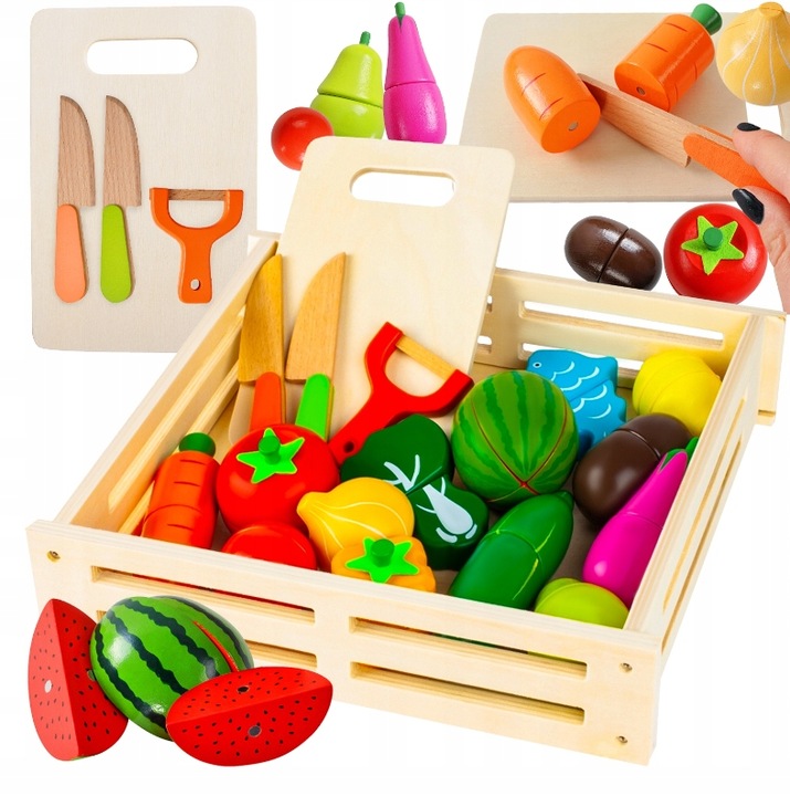 DREWNIANE WARZYWA I OWOCE DO KROJENIA W SKRZYNCE NA MAGNES DLA DZIECI XXL