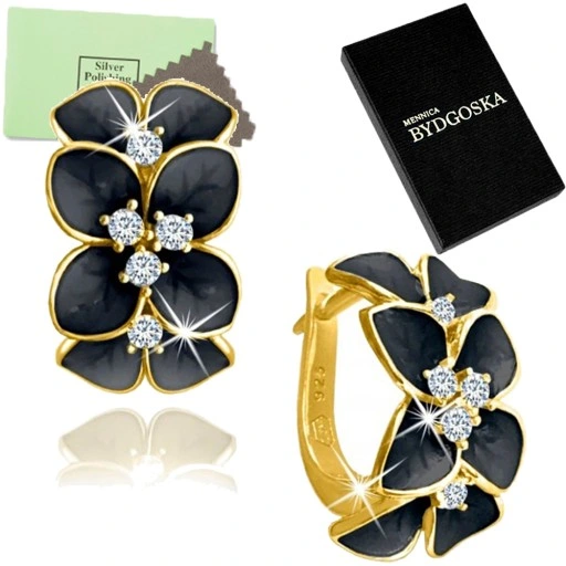 ZLOTE KOLCZYKI DLA KOBIETY KWIATY CZARNE, KOLCZYKI SREBRO PRÓBA 925