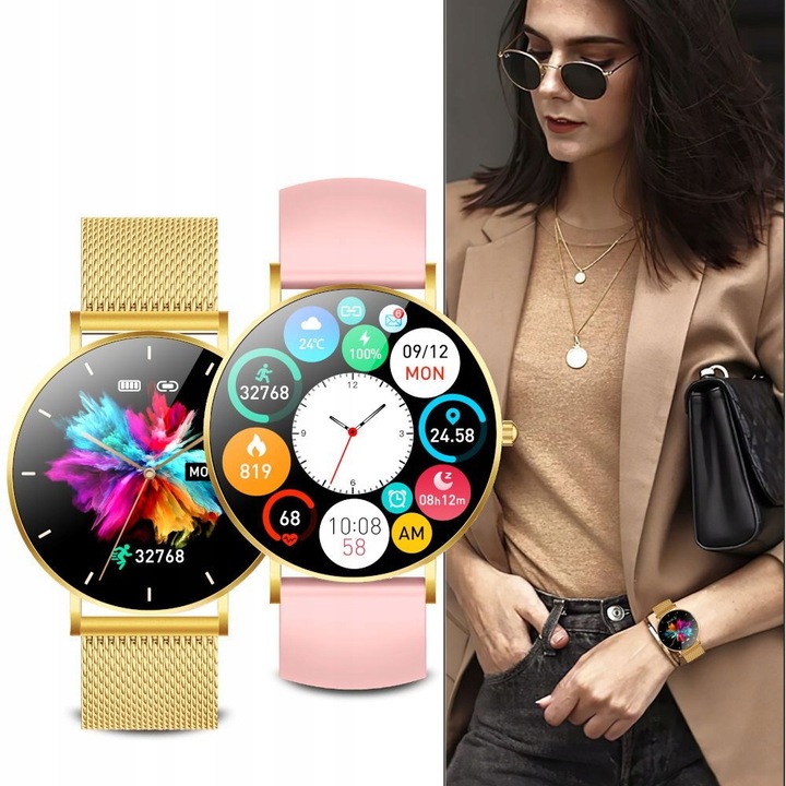 Smartwatch Zegarek Damski Złoty Manta Alexa LUX GOLD 2 Paski menu PL