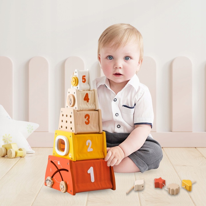 Drewniana piramidka edukacyjna Montessori sorter kształtów, labirynt, cyfry