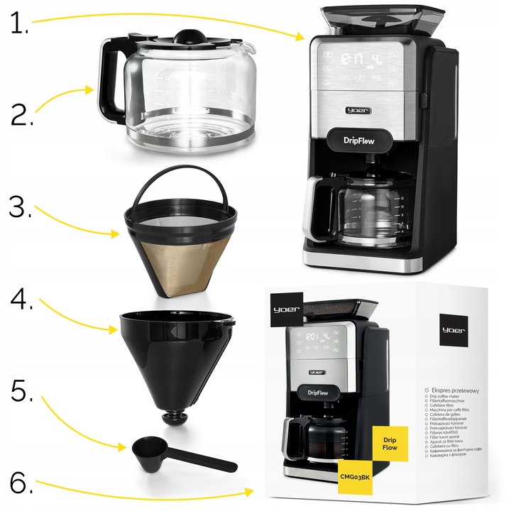 Ekspres przelewowy do kawy z Młynkiem żarnowym Yoer 1520W 1,5L +Programator