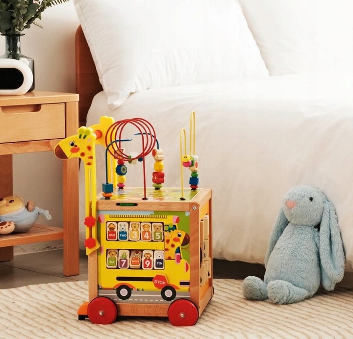 DUŻY DREWNIANY CHODZIK PCHACZ KOSTKA EDUKACYJNA 7w1 MONTESSORI + MULA