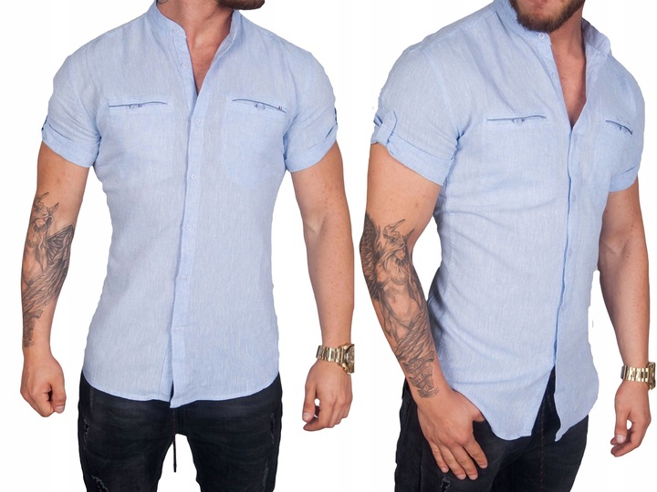 Koszula lniana kołnierzyk błękitna BG-1 rozm. 3XL