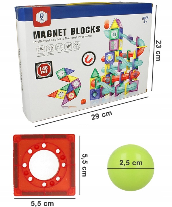DUŻE KLOCKI MAGNETYCZNE Konstrukcyjne 3D Tor Kulkowy Zjeżdżalnia 148 sztuk