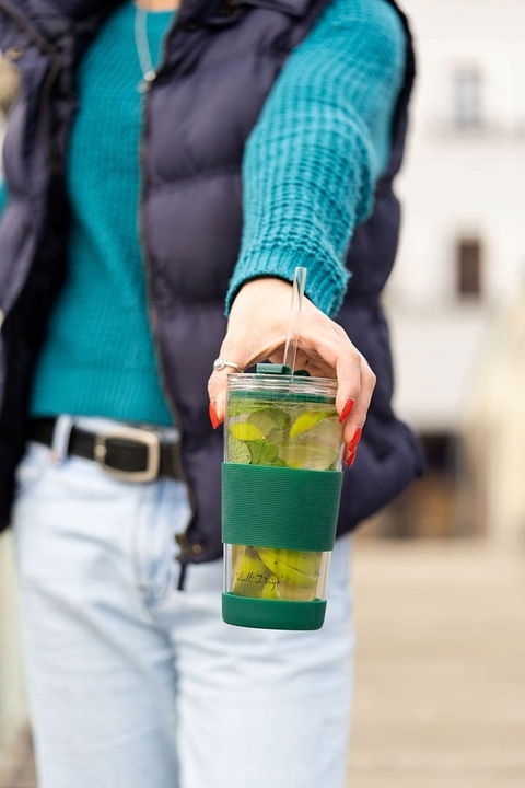 Szklany kubek do kawy ze słomką Vialli Design FUORI 600ml 30398 (zielony)