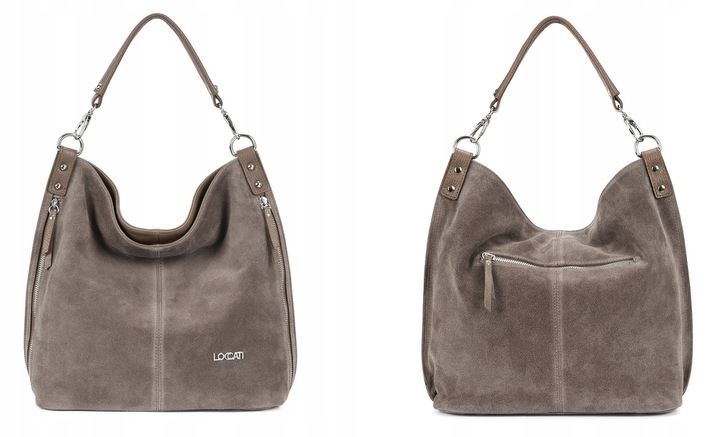 Modne torebki z zamszu naturalnego taupe duże a4 markowe LOCCATI skórzane