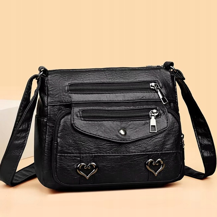 Torebka Damska MAŁA CZARNA na Ramię W serca Pojemna Kuferek Dużo Kieszonek