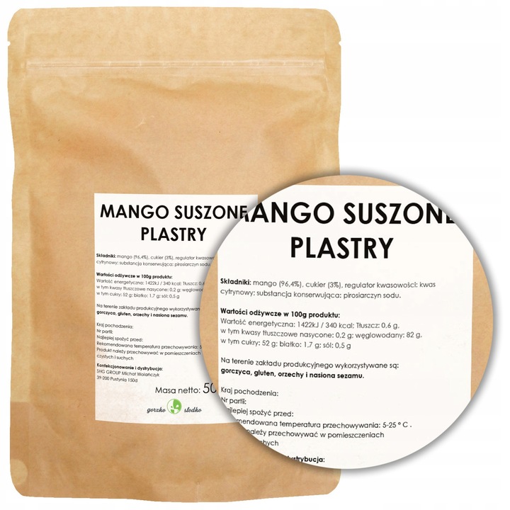 MANGO SUSZONE PLASTRY z dodatkiem cukru słodka przekąska 500g