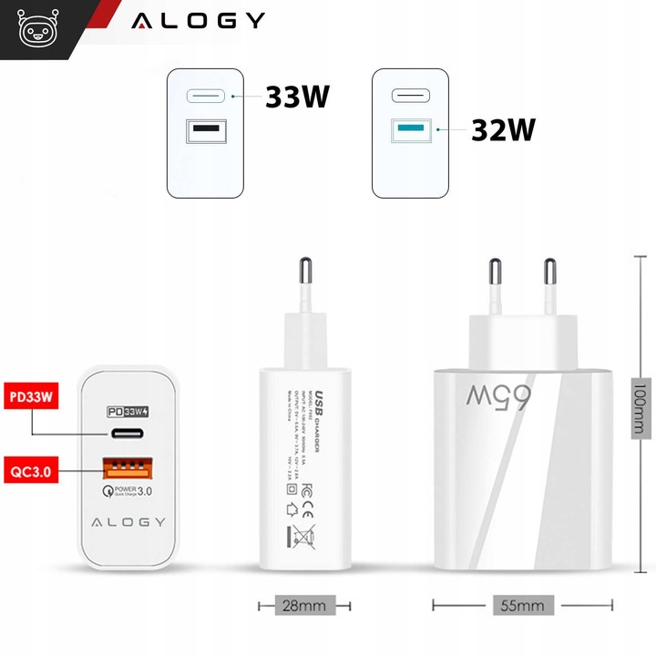ŁADOWARKA SIECIOWA SZYBKA USB-A USB QC 3.0 65W USB-C PD TYP C DO TELEFONU