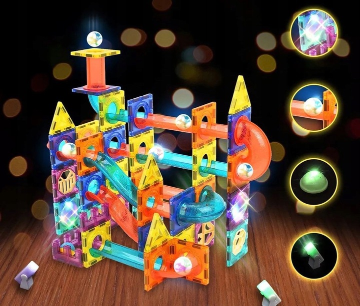 Klocki Magnetyczne Świecące Tor Kulkowy 110 Elementów Kulodrom