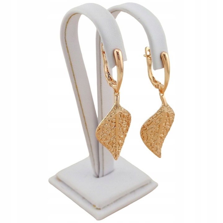 Złote kolczyki wiszące liście eleganckie pozłacane antyalergiczne