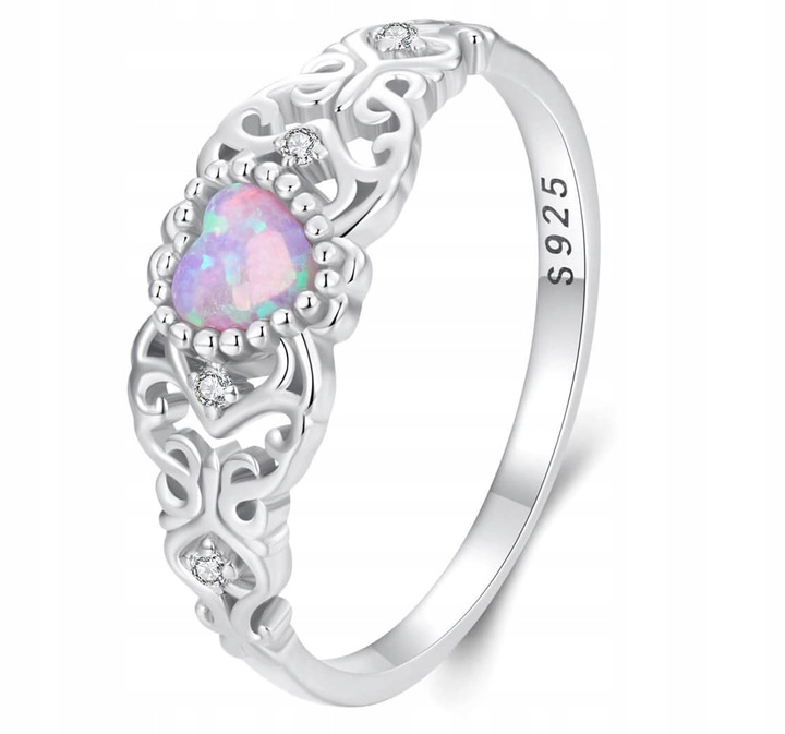 Pierścionek Srebrny 925 Z Opalem Ażurowy Z Opalem W Kształcie Serca r. 12