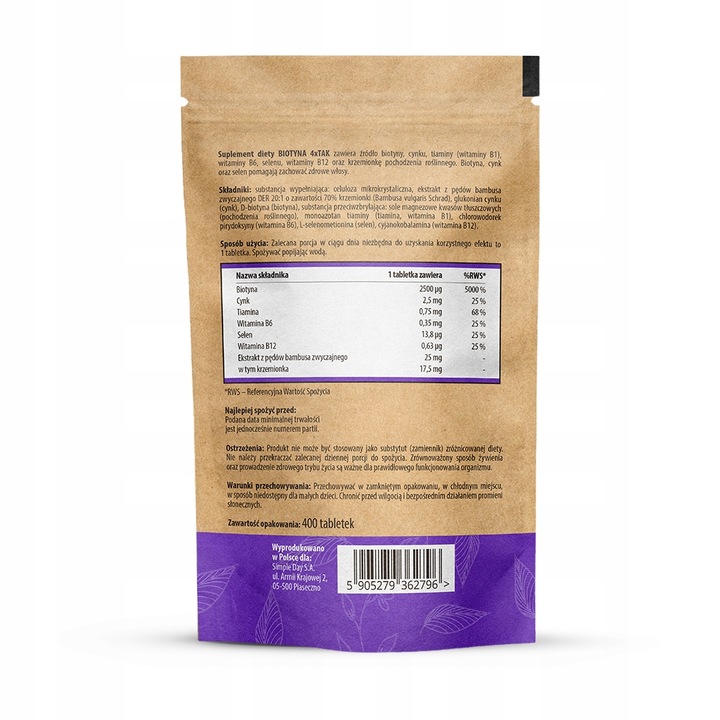 BIOTYNA Z NATURALNYM KRZEMEM NA WŁOSY SKÓRĘ PAZNOKCIE - 400 TABLETEK