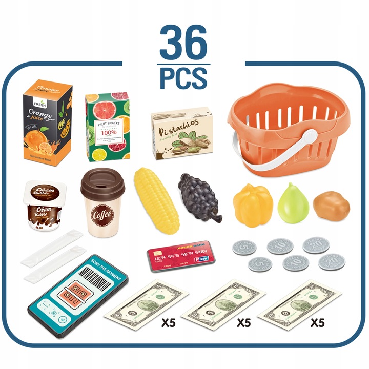 DUŻA KASA FISKALNA Sklepowa DLA DZIECI KALKULATOR Skaner KOSZYK MATADI AKC