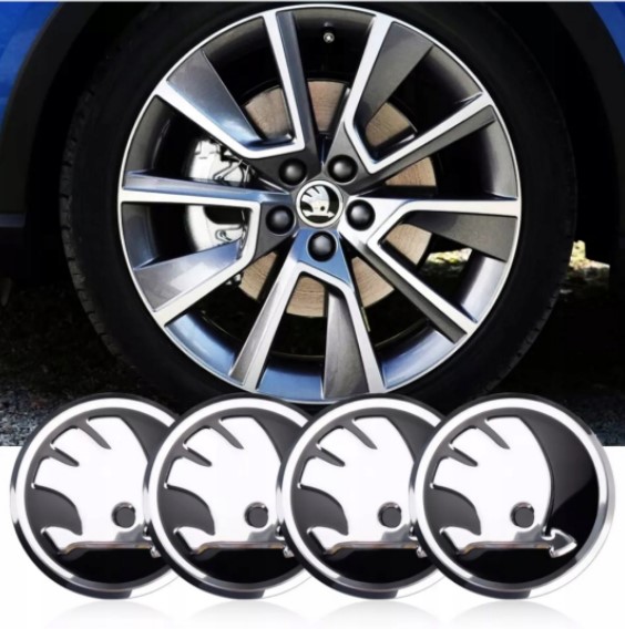 Naklejki emblemat na kołpaki dekielki koła skoda 56 mm aluminium 4 szt NOWE