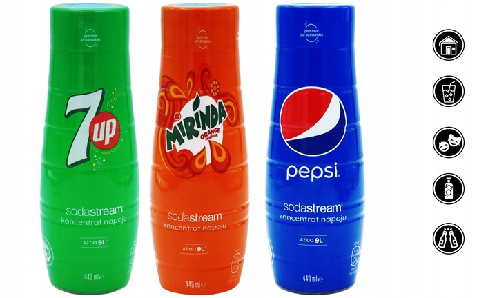 3x SYROP SODASTREAM KONCENTRAT 7UP MIRINDA PEPSI 9L NAPOJU z 440ml