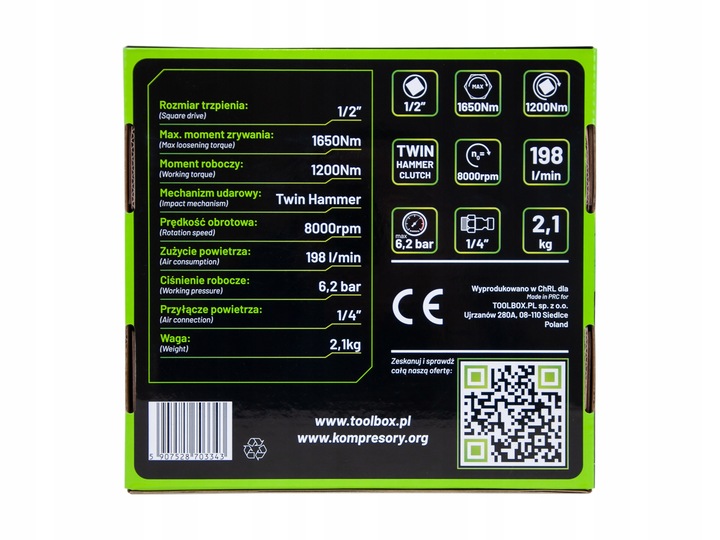 Klucz Udarowy Pneumatyczny 1650nm Twin Hammer 1/2" 4 Stopnie Regulacji 2kg