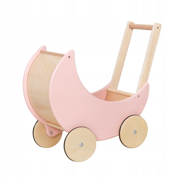 Drewniany biały piękny wózek, pchacz dla lalek, maskotek