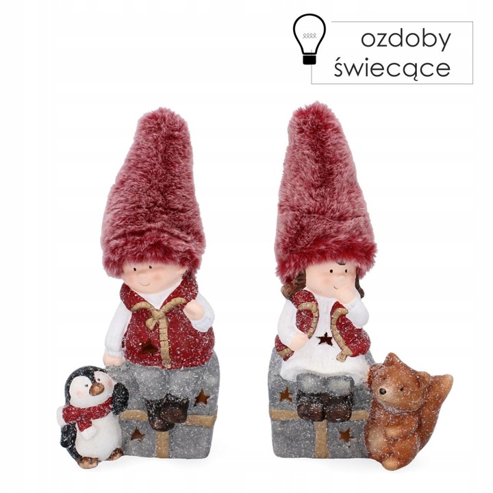 Figurka dziewczynka chłopak z liskiem i pingwinkiem na prezencie led 19,5cm