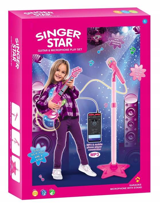 GITARA ELEKTRYCZNA + MIKROFON + STATYW KARAOKE INSTRUMENT DLA DZIECI ZESTAW