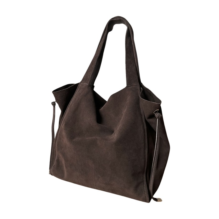 Czekoladowa zamszowa torebka shopper worek XL ZAMSZ NATURALNY Vera Pelle A4