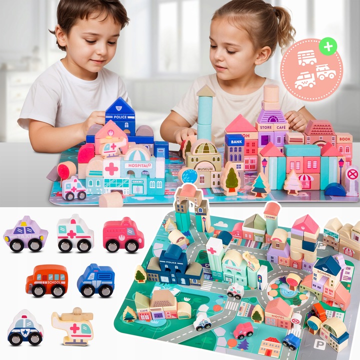 DREWNIANE KLOCKI ZESTAW DROGA MIASTO 115 ELEMENTÓW MATA POJAZDY AKCESORIA