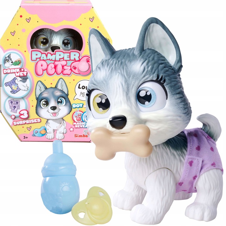 PAMPER PETZ PIESEK HUSKY PIJE SIKA PIELUSZKOWY GANG 20 CM + BUTELKA SMOCZEK