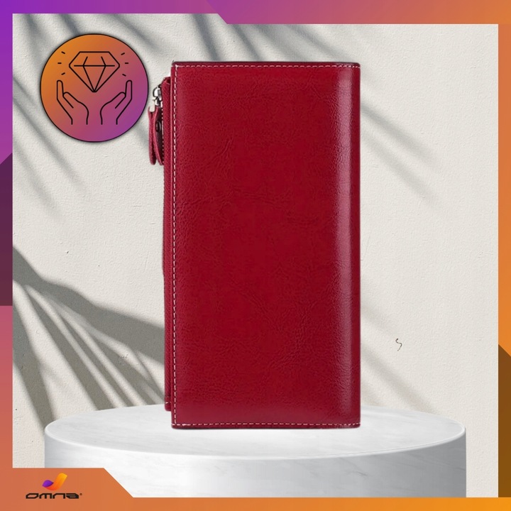 Portfel damski skórzany duży lakierowany pojemny RFID z paskiem czerwony