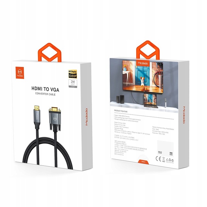 MCDODO KABEL ADAPTER KONWERTER HDMI NA VGA D-SUB DO MONITORA PROJEKTORA 2M