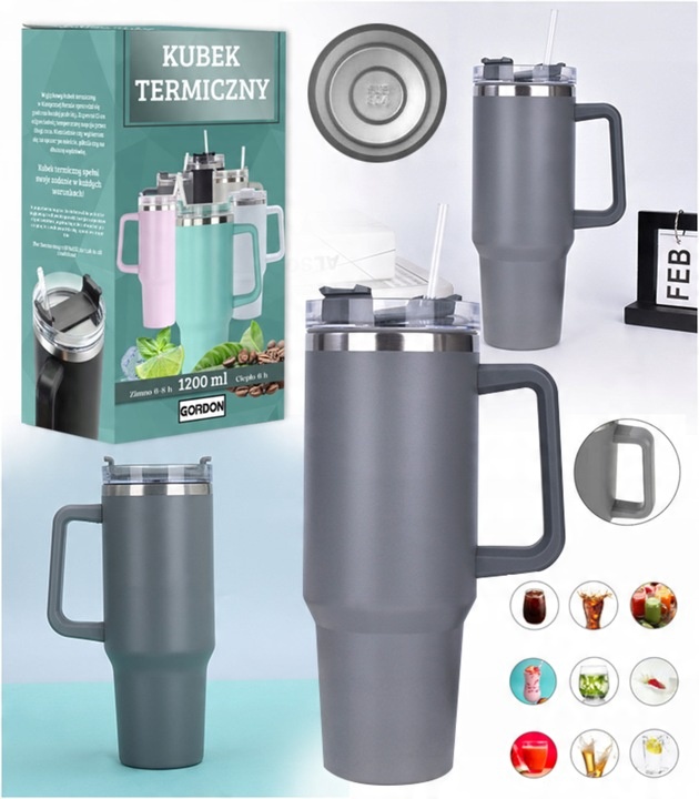 MagiCook KUBEK TERMICZNY SZARY 1200 ML ZE SŁOMKĄ STYLE USA Szarość