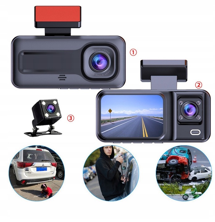 WideoRejestrator 3 Kamery z Kamerą cofania G-sensor Wstrząsy menu PL