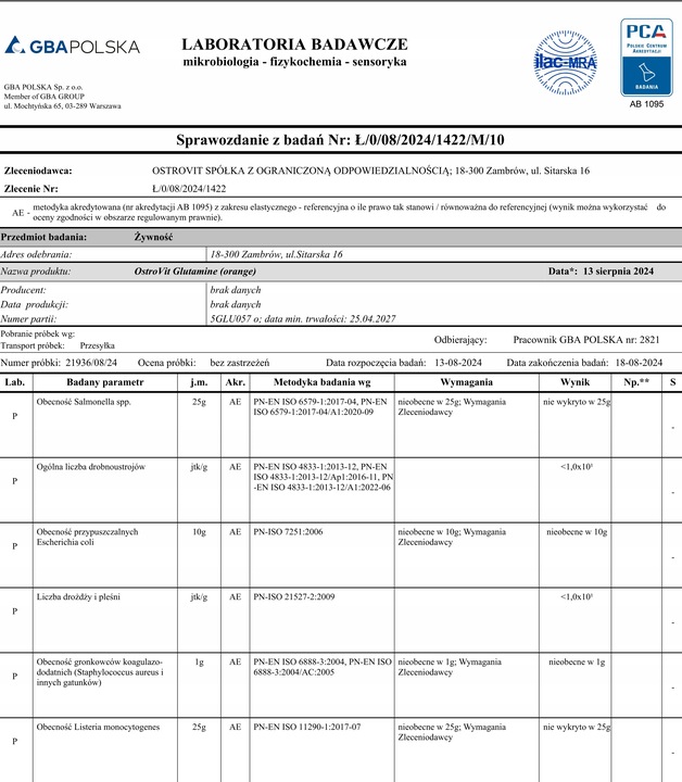 OstroVit Glutamine 500 g GLUTAMINA AMINO