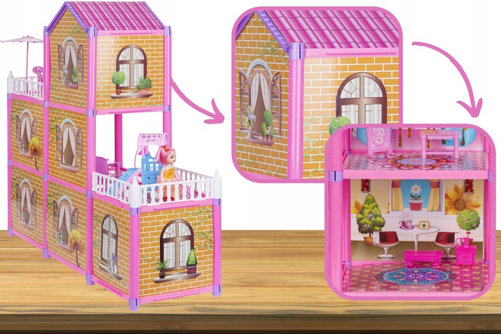 Domek dla Lalek 2 Laleczki 3 Piętra Mebelki Do Zestawu Dla Dzieci Akcesoria