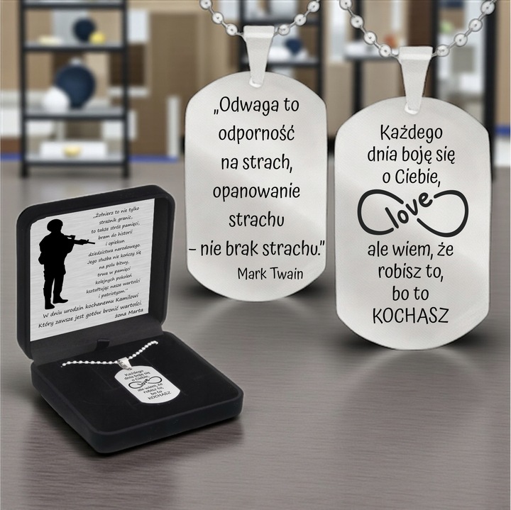 Grawerowany nieśmiertelnik stal 316L prezent + pudełko z dedykacją
