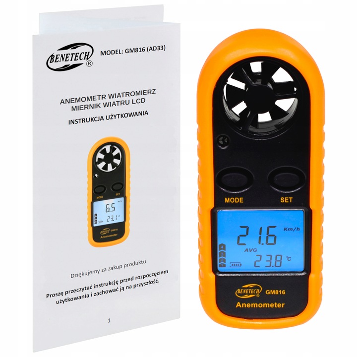 Anemometr Wiatromierz Miernik Prędkości Wiatru i Pomiar Temperatury LCD