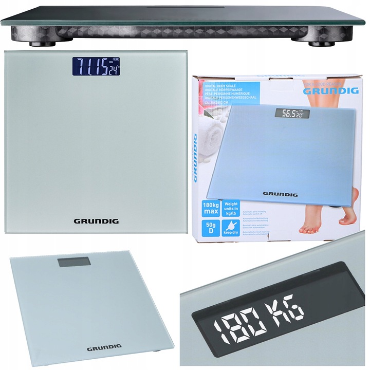Waga łazienkowa Grundig z termometrem WYŚWIETLACZ LCD SZKLANA do 180kg